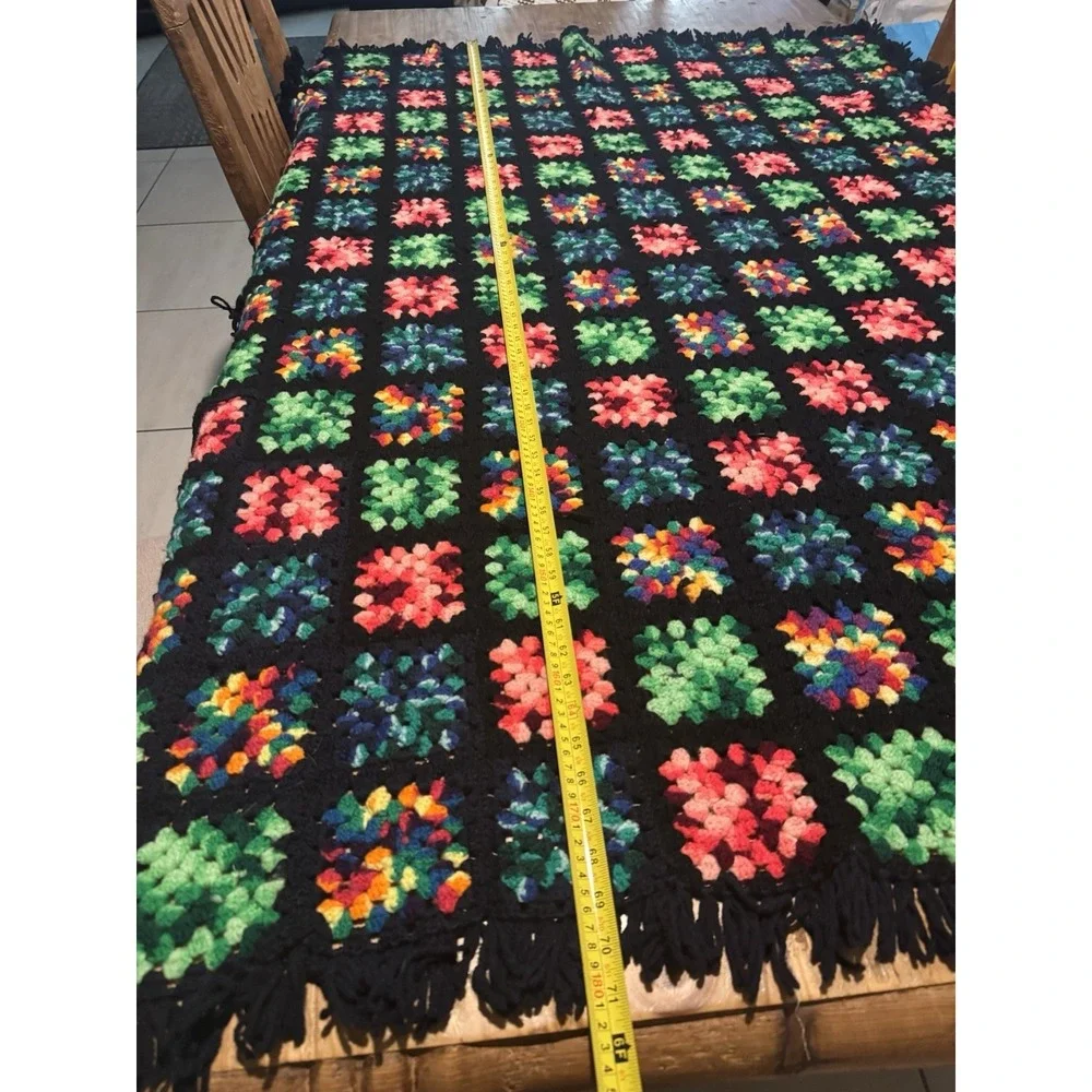 Vintage Handmade Granny Square Crochet Blanket Throw Black Multicolor Fr1nge
